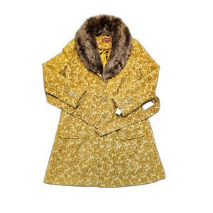 VTG Merona Jacquard Coat With Removable Faux Fur Collar Belt Gold/Green Sz. LG